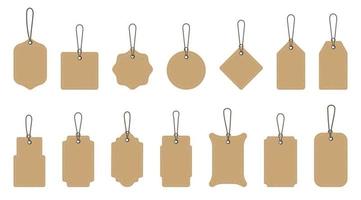 Set of blank cardboard price tags in different shapes. Collection of labels with string. vector illustration