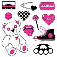 Set of elements in trendy emo goth 2000s style. Y2k pink and black objects. vector