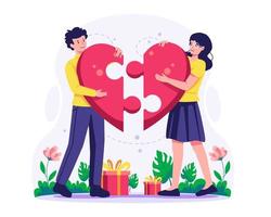 A Young man and woman are holding jigsaw pieces of a red heart shape that is matching. Valentine's day. Love couple match. Vector illustration in flat style