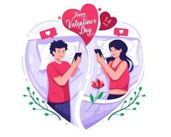 una pareja enamorada chateando en su teléfono inteligente en su dormitorio. amor a distancia. relaciones virtuales. ilustración del concepto del día de san valentín vector