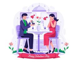 A man giving an engagement box diamond ring. Marriage proposal. A couple on a date and having dinner on valentine's day. Vector illustration in flat style