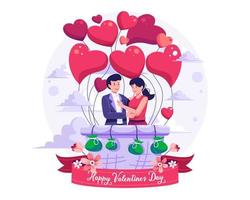 A romantic couple flying in a hot air balloon. A man and a woman in floating balloons shaped like the heart above clouds. Valentine's Day concept illustration vector
