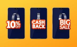 Realistic Detailed 3d Smartphone with Wobbler Promotion Pointing Big Sale Labels. Vector