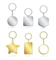 Realistic Detailed 3d Empty Template Shiny Golden and Silver Metal Keychains Set. Vector