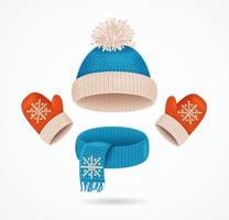 Realistic 3d Detailed Hat, Scarf and Mittens Set. Vector