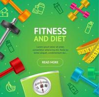 tarjeta de banner de concepto de fitness y dieta con elementos detallados en 3d realistas. vector