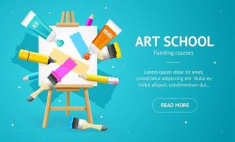 Art School Concept Banner Horizontal with Realistic Detailed 3d Elements. Vector