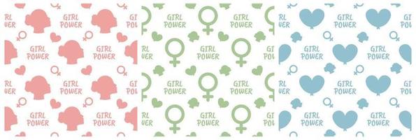 Set of Women Day Seamless Pattern Design with Girl Ornament in Template Hand Drawn Cartoon Flat Illustration vector