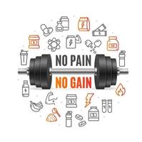 No Pain No Gain Concept with Black Dumbbell. Vector