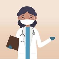 personaje médico de vista frontal. conjunto de creación de personajes médicos con emoción facial, pose y gesto. estilo de dibujos animados, ilustración de vector plano. doctora usando máscara. dedo apuntando hacia arriba, sosteniendo el portapapeles.