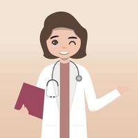 Front view doctor character. Doctor character creation set with face emotions, poses and gestures. Cartoon style, flat vector illustration.Female doctor. finger pointing up, holding clipboard.