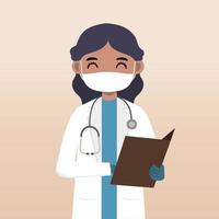 Front view doctor character. Doctor character creation set with face emotion, pose and gesture. Cartoon style, flat vector illustration.Female doctor using mask. finger pointing up, holding clipboard.