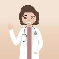 personaje médico de vista frontal. conjunto de creación de personajes médicos con emociones faciales, poses y gestos. estilo de dibujos animados, ilustración de vector plano. doctora. dedo apuntando hacia arriba, sosteniendo el portapapeles.