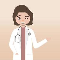 personaje médico de vista frontal. conjunto de creación de personajes médicos con emociones faciales, poses y gestos. estilo de dibujos animados, ilustración de vector plano. doctora. dedo apuntando hacia arriba, sosteniendo el portapapeles.