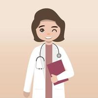 personaje médico de vista frontal. conjunto de creación de personajes médicos con emociones faciales, poses y gestos. estilo de dibujos animados, ilustración de vector plano. doctora. dedo apuntando hacia arriba, sosteniendo el portapapeles.