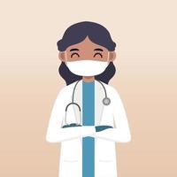 personaje médico de vista frontal. conjunto de creación de personajes médicos con emoción facial, pose y gesto. estilo de dibujos animados, ilustración de vector plano. doctora usando máscara. dedo apuntando hacia arriba, sosteniendo el portapapeles.