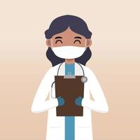 Front view doctor character. Doctor character creation set with face emotion, pose and gesture. Cartoon style, flat vector illustration.Female doctor using mask. finger pointing up, holding clipboard.