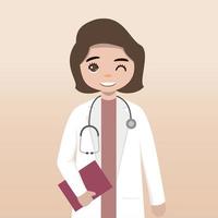 Front view doctor character. Doctor character creation set with face emotions, poses and gestures. Cartoon style, flat vector illustration.Female doctor. finger pointing up, holding clipboard.