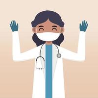 Front view doctor character. Doctor character creation set with face emotion, pose and gesture. Cartoon style, flat vector illustration.Female doctor using mask. finger pointing up, holding clipboard.