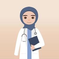 Front view hijab doctor character. Doctor character creation face emotions, pose and gesture. Cartoon style, flat vector illustration.Female hijab doctor finger pointing up, holding clipboard.