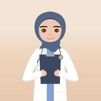 vista frontal del personaje del doctor hijab. la creación de personajes médicos enfrenta emociones, poses y gestos. estilo de dibujos animados, ilustración vectorial plana. dedo médico hijab femenino apuntando hacia arriba, sosteniendo el portapapeles. vector