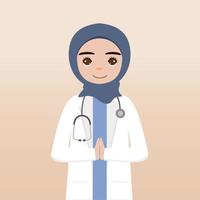 Front view hijab doctor character. Doctor character creation face emotions, pose and gesture. Cartoon style, flat vector illustration.Female hijab doctor finger pointing up, holding clipboard.