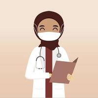 vista frontal del personaje médico hijab musulmán. creación de personajes médicos con vistas, emoción facial, pose, gesto y máscara. estilo de dibujos animados, ilustración vectorial plana. doctora con mascarilla vector