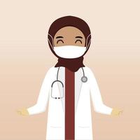 personaje médico hijab musulmán de vista frontal. creación de personajes médicos con vistas, emoción facial, pose, gesto y máscara. estilo de dibujos animados, ilustración vectorial plana. doctora con mascarilla vector