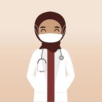 vista frontal del personaje médico hijab musulmán. creación de personajes médicos con vistas, emoción facial, pose, gesto y máscara. estilo de dibujos animados, ilustración vectorial plana. doctora con mascarilla vector