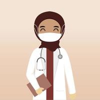 vista frontal del personaje médico hijab musulmán. creación de personajes médicos con vistas, emoción facial, pose, gesto y máscara. estilo de dibujos animados, ilustración vectorial plana. doctora con mascarilla vector