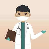 Front view doctor character using mask. Doctor character creation with face emotion, pose and gesture. Cartoon style, flat vector illustration. Male doctor finger pointing up, holding clipboard.