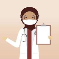 vista frontal del personaje médico hijab musulmán. creación de personajes médicos con vistas, emoción facial, pose, gesto y máscara. estilo de dibujos animados, ilustración vectorial plana. doctora con mascarilla vector