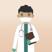 Front view doctor character using mask. Doctor character creation with face emotion, pose and gesture. Cartoon style, flat vector illustration. Male doctor finger pointing up, holding clipboard.