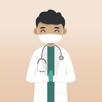 Front view doctor character using mask. Doctor character creation with face emotion, pose and gesture. Cartoon style, flat vector illustration. Male doctor finger pointing up, holding clipboard.