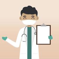 Front view doctor character using mask. Doctor character creation with face emotion, pose and gesture. Cartoon style, flat vector illustration. Male doctor finger pointing up, holding clipboard.