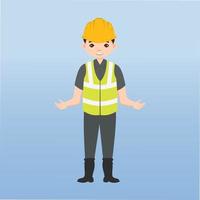 arquitecto, técnico y constructores e ingenieros y mecánicos y trabajadores de la construcción trabajo en equipo, personaje de dibujos animados de ilustración vectorial. ingeniero con casco de seguridad amarillo en el sitio de construcción. vector