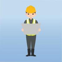 arquitecto, técnico y constructores e ingenieros y mecánicos y trabajadores de la construcción trabajo en equipo, personaje de dibujos animados de ilustración vectorial. ingeniero con casco de seguridad amarillo en obra. vector