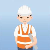 arquitecto, técnico y constructores e ingenieros y mecánicos y trabajadores de la construcción trabajo en equipo, personaje de dibujos animados de ilustración vectorial. ingeniero con casco de seguridad blanco en obra. vector