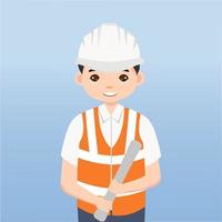 arquitecto, técnico y constructores e ingenieros y mecánicos y trabajadores de la construcción trabajo en equipo, personaje de dibujos animados de ilustración vectorial. ingeniero con casco de seguridad blanco en obra. vector