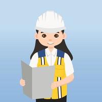 arquitecto, técnico y constructores e ingenieros y mecánicos y trabajadores de la construcción trabajo en equipo, personaje de dibujos animados de ilustración vectorial. ingeniero con casco de seguridad blanco en obra. vector