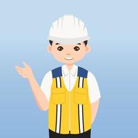 arquitecto, técnico y constructores e ingenieros y mecánicos y trabajadores de la construcción, personaje de dibujos animados de ilustración vectorial. ingeniero con casco de seguridad blanco y chaleco en obra. vector