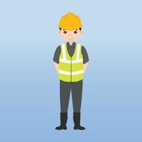 arquitecto, técnico y constructores e ingenieros y mecánicos y trabajadores de la construcción, personaje de dibujos animados de ilustración vectorial. mujer ingeniera con casco de seguridad blanco y chaleco en obra. vector