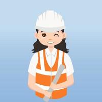 arquitecto, técnico y constructores e ingenieros y mecánicos y trabajadores de la construcción, personaje de dibujos animados de ilustración vectorial. mujer ingeniera con casco de seguridad blanco y chaleco en obra. vector