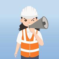 arquitecto, técnico y constructores e ingenieros y mecánicos y trabajadores de la construcción, personaje de dibujos animados de ilustración vectorial. mujer ingeniera con casco de seguridad blanco y chaleco en obra. vector