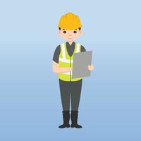 arquitecto, técnico y constructores e ingenieros y mecánicos y trabajadores de la construcción, personaje de dibujos animados de ilustración vectorial. mujer ingeniera con casco de seguridad blanco y chaleco en obra. vector