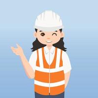 arquitecto, técnico y constructores e ingenieros y mecánicos y trabajadores de la construcción, personaje de dibujos animados de ilustración vectorial. mujer ingeniera con casco de seguridad blanco y chaleco en obra. vector