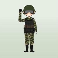 Army soldier, men , in camouflage combat uniform saluting. Cute flat cartoon style. Army or soldier character vector. Soldier keeps watch on guard. Rangers on border. vector