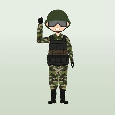 Army soldier, men , in camouflage combat uniform saluting. Cute flat cartoon style. Army or soldier character vector. Soldier keeps watch on guard. Rangers on border.