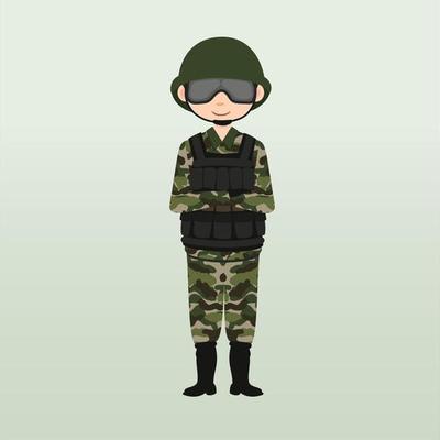 Army soldier, men , in camouflage combat uniform saluting. Cute flat cartoon style. Army or soldier character vector. Soldier keeps watch on guard. Rangers on border.