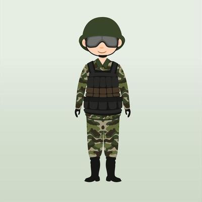 Army soldier, men , in camouflage combat uniform saluting. Cute flat cartoon style. Army or soldier character vector. Soldier keeps watch on guard. Rangers on border.